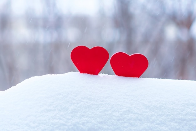 Dos hermosos corazones sobre un fondo de invierno