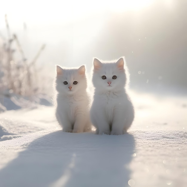 Dos hermosos gatitos blancos en la nieve en una soleada mañana de invierno adorable mascota