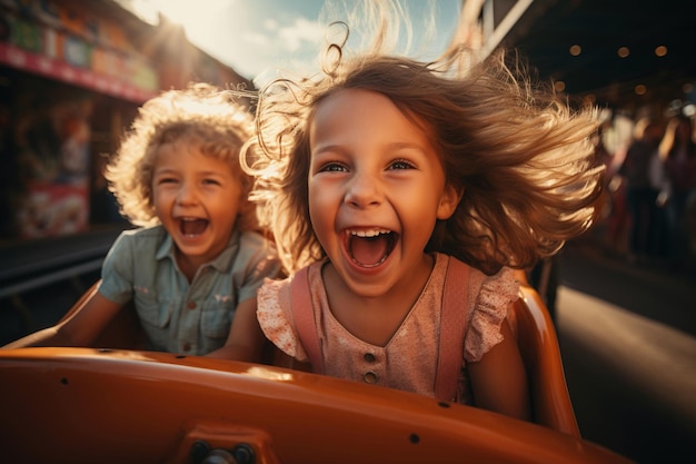 Foto dos hermosos niños felices disfrutando en la montaña rusa en luna park generative ai
