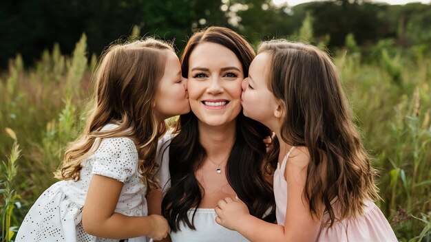 Dos hijas besando a su mamá