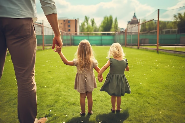 Dos hijas con su padre en un patio de recreo con hierba verde