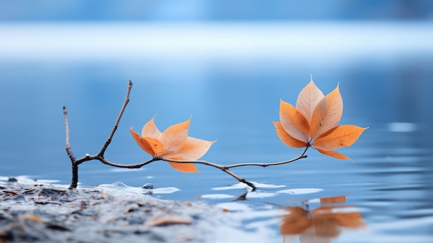 dos hojas de naranja están sentadas en la orilla de un cuerpo de agua