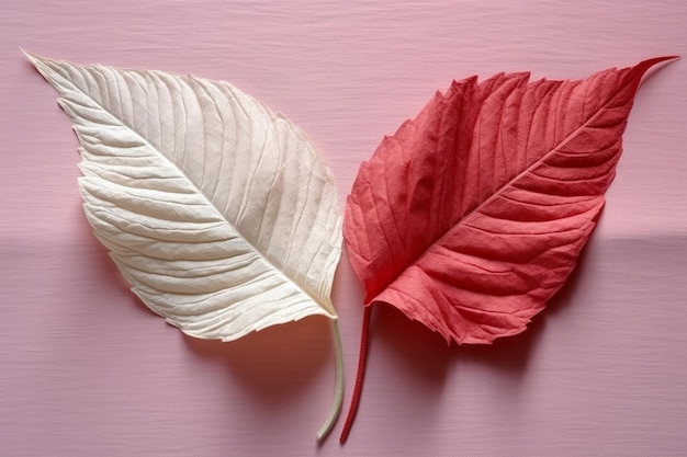 Dos hojas sobre un fondo rosa, una de las cuales es roja y la otra es roja.