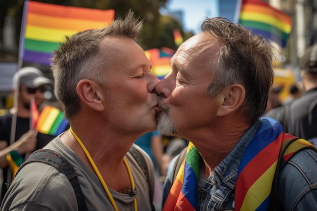 Dos hombres de unos 60 años dándose y besándose en los labios con la bandera lgtbi de fondo