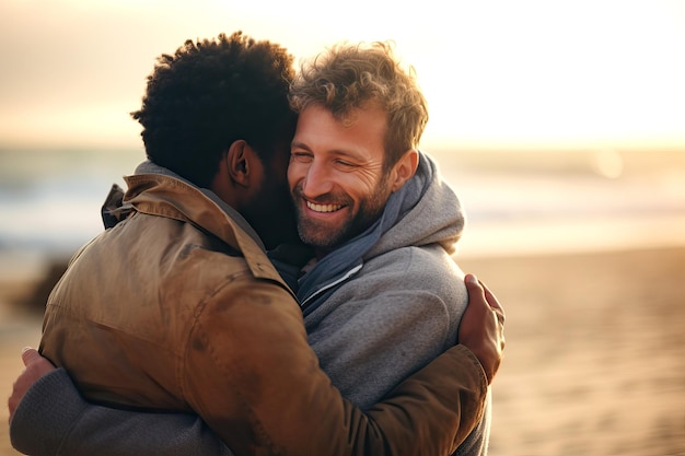 Dos hombres abrazados en la playa