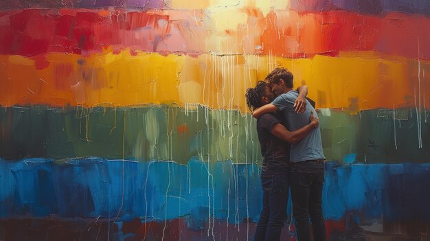 Foto dos hombres se abrazan en el fondo del arte de la bandera del día del orgullo lgbt