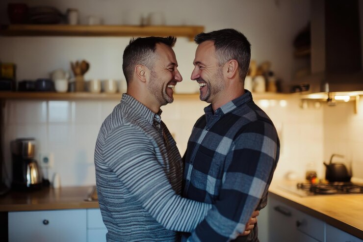 Dos hombres se abrazan y ríen en una cocina moderna disfrutando de un tierno momento juntos