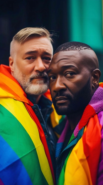 Dos hombres con abrigos de arcoíris se paran en una foto de grupo, uno de ellos tiene un abrigo de color arcoíris.