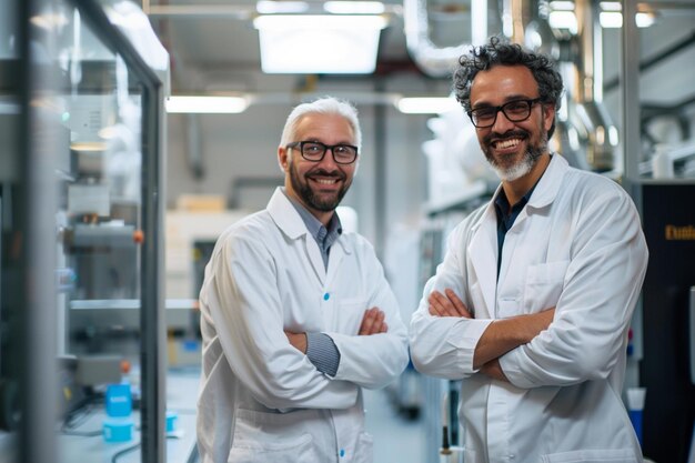 dos hombres con abrigos de laboratorio están sonriendo en un laboratorio