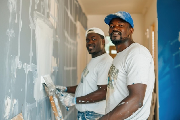 Dos hombres afroamericanos expertos pintores en el trabajo durante la renovación de una casa destreza de construcción transforma las paredes mejorando la belleza del apartamento y la esencia del hogar