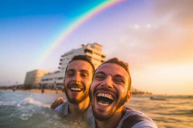 Dos hombres en el agua con un arco iris en el fondo