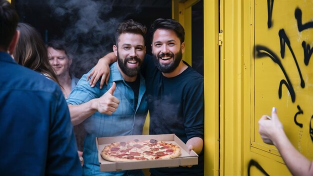 Foto dos hombres alegres sosteniendo pizza mientras un hombre barbudo muestra el pulgar hacia arriba sobre la pared amarilla