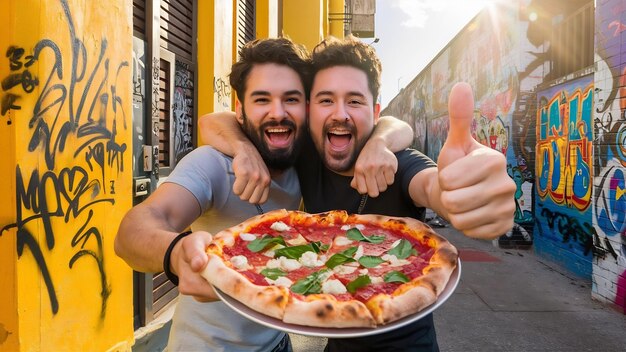 Dos hombres alegres sosteniendo pizza mientras un hombre barbudo muestra el pulgar hacia arriba sobre la pared amarilla