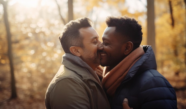 Dos hombres se besan en el bosque.