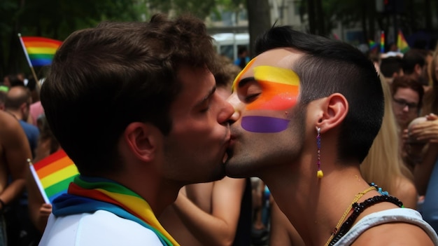 Dos hombres se besan en la calle con la palabra orgullo en el rostro.