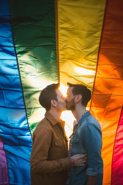 Foto dos hombres se besan bajo un estandarte de colores arco iris