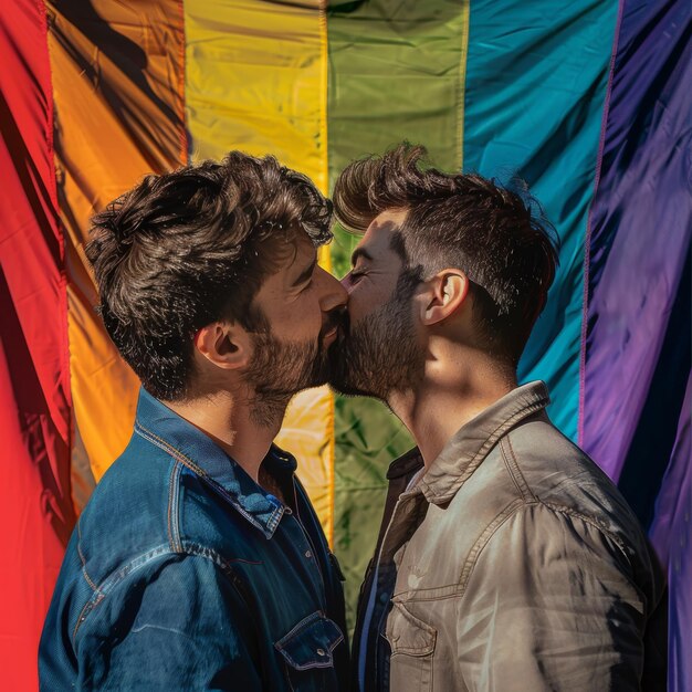 Foto dos hombres se besan frente a una bandera arco iris