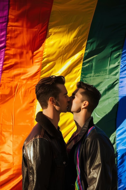 Foto dos hombres se besan frente a una bandera arco iris