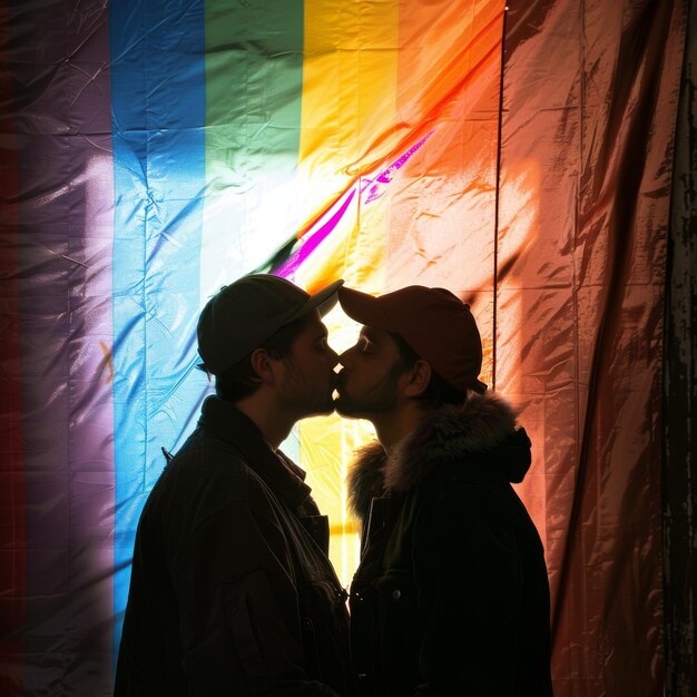 Foto dos hombres besándose frente a una bandera arco iris