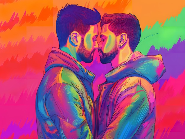 Dos hombres besándose con un toque de los colores del arcoíris celebrando el día del orgullo LGBT