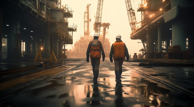 Dos hombres caminando por una calle frente a una gran zona industrial.