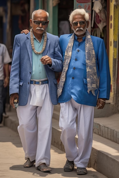 Dos hombres caminando por la calle vestidos con traje y corbata