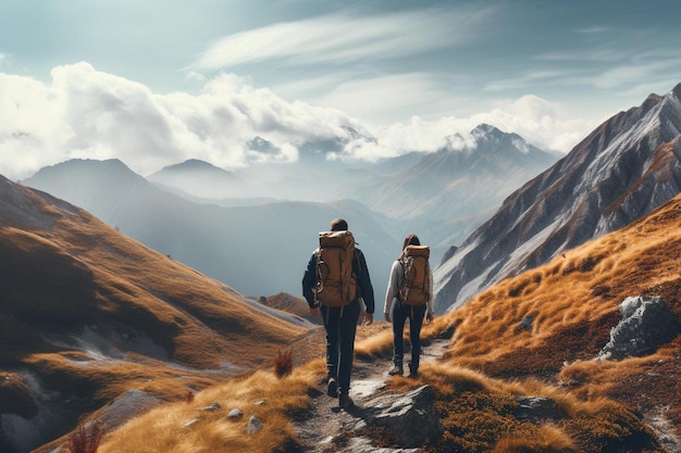 dos hombres caminando por un camino de montaña con montañas en el fondo.