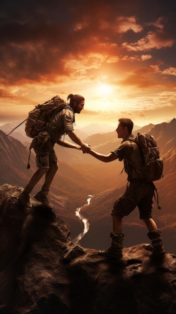 Dos hombres caminando en un pico de la montaña al atardecer