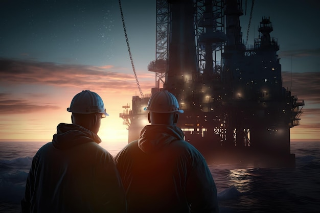 Dos hombres con cascos se paran frente a una gran plataforma petrolera con las palabras "petróleo y gas" en la parte inferior.