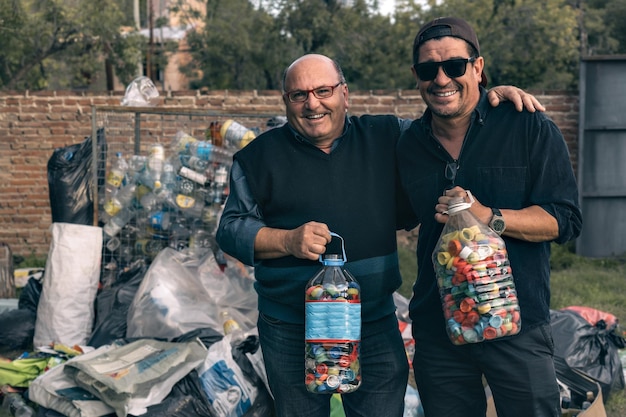 Dos hombres en un centro de reciclaje mostrando feliz y orgulloso el trabajo que han hecho