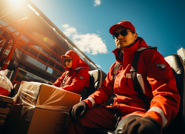 Dos hombres con chaquetas rojas uniformes similares, gorras y gafas de sol se sientan al aire libre. Las cajas de cartón están entre los hombres.