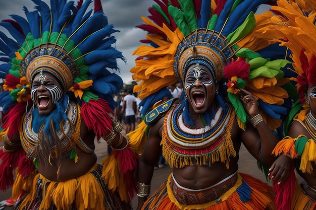 Dos hombres con coloridos trajes y plumas en la cara llevan un tocado.