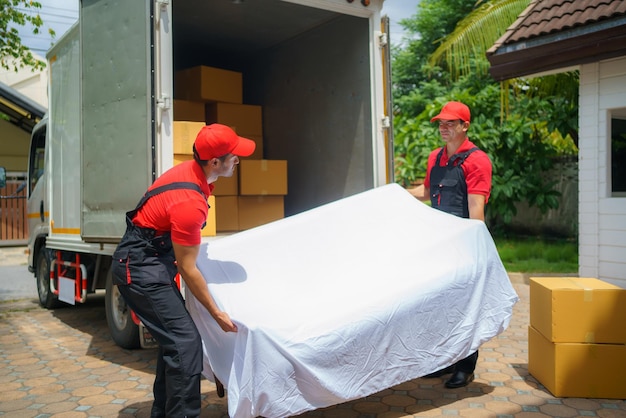 Dos hombres de la compañía de mudanzas ayudando en la descarga de sofás