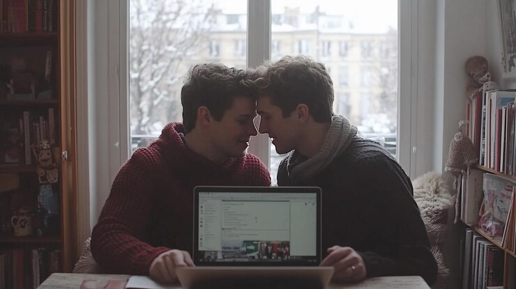 Foto dos hombres comparten un momento de intimidad mientras trabajan en una computadora portátil en un acogedor apartamento cubierto de nieve