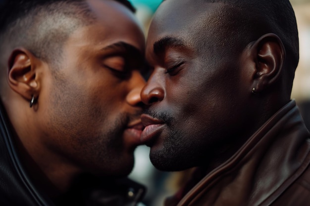Dos hombres comparten un tierno beso expresando amor y conexión en la ciudad