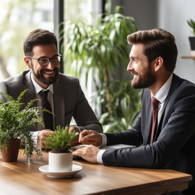 Dos hombres conversando en una mesa