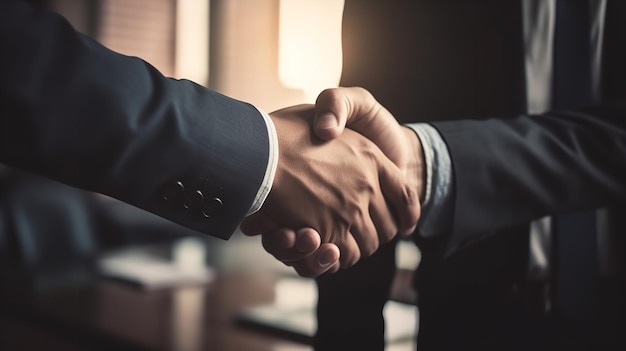 Dos hombres dándose la mano con uno de ellos dándose la mano en una sala de reuniones.