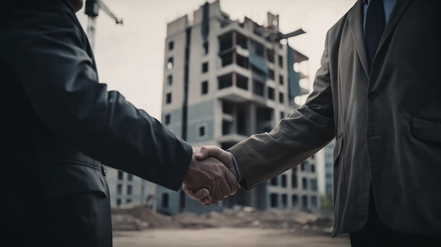 Dos hombres dándose la mano frente a un edificio con las palabras 'la mano de un hombre'