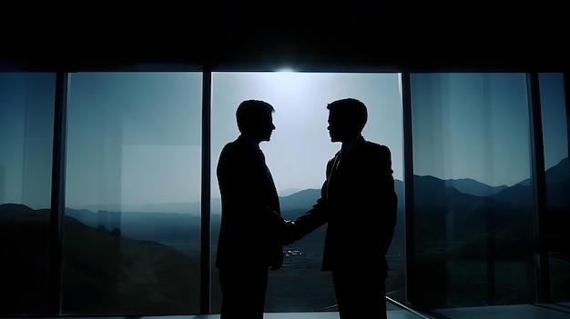 Dos hombres dándose la mano frente a una ventana con el sol brillando sobre ellos.