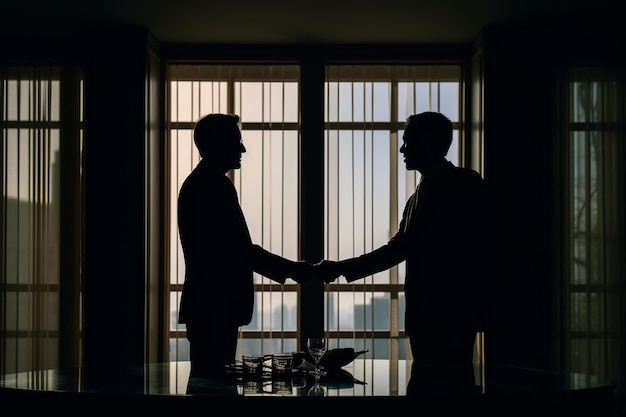 Dos hombres dándose la mano frente a una ventana con el sol brillando a través de la ventana detrás de ellos.