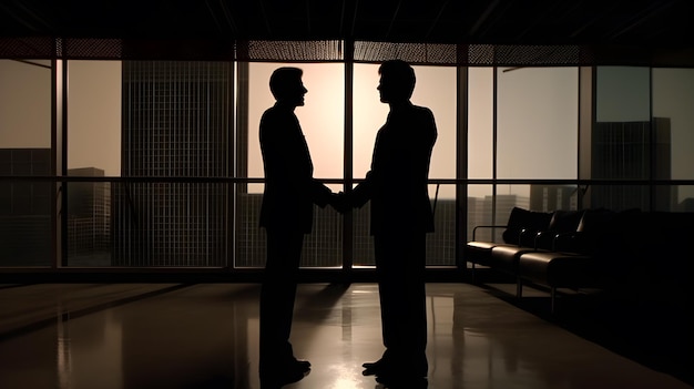 Dos hombres dándose la mano en una oficina con una ventana detrás de ellos.