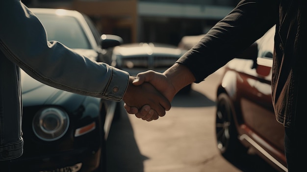 Dos hombres dándose la mano en una sala de exhibición de autos en un estacionamiento generada por IA