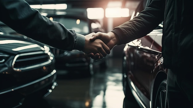 Dos hombres dándose la mano en una sala de exhibición de autos en un estacionamiento generada por IA