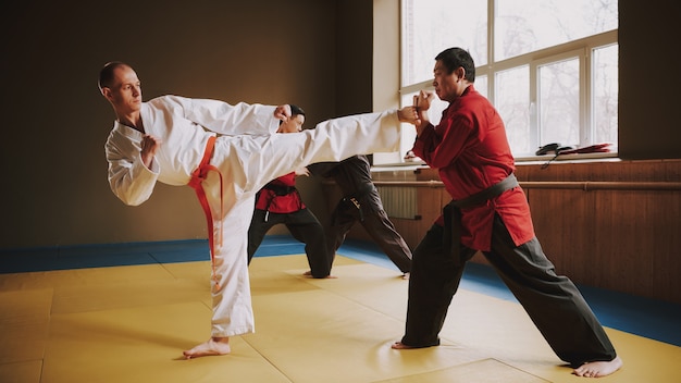 Dos hombres elaboran la técnica mma de impacto.