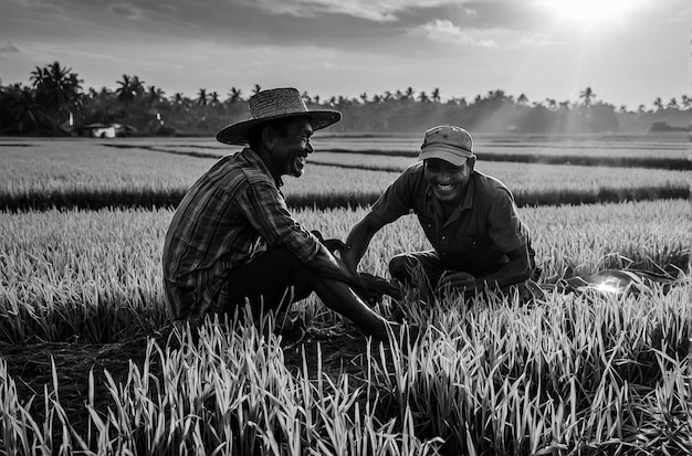 dos hombres están arrodillados en un campo con las palabras agricultores en el lado