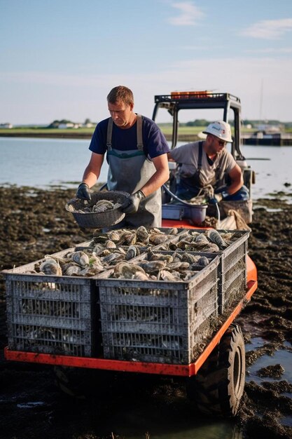 Foto dos hombres están cargando peces de un barco