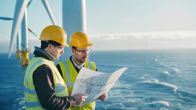 Dos hombres están de pie en un barco mirando un plano