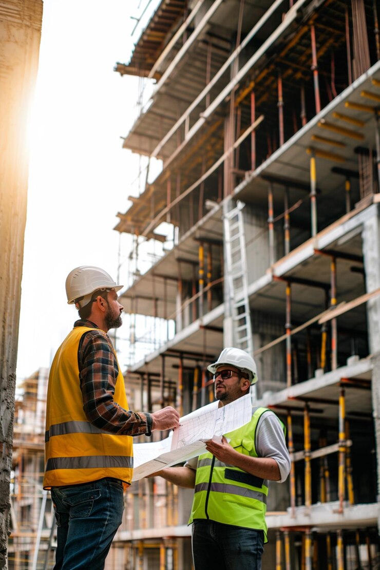 dos hombres están de pie frente a un sitio de construcción
