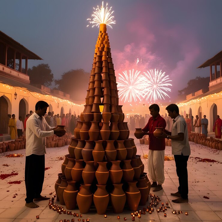 dos hombres están de pie frente a una torre con fuegos artificiales en el fondo