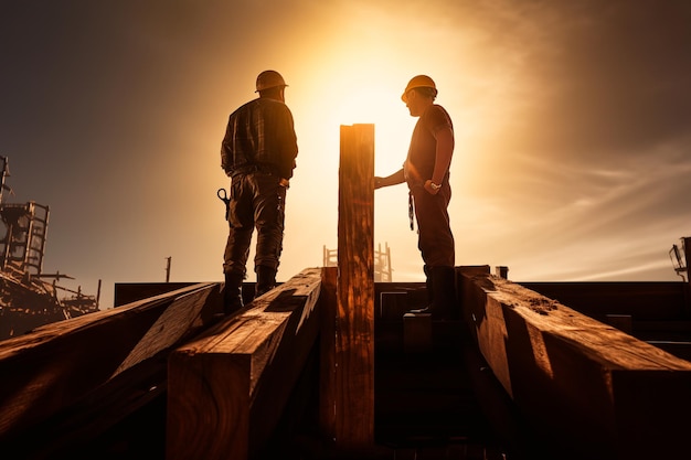 Dos hombres están de pie en una plataforma de madera en un sitio de construcción